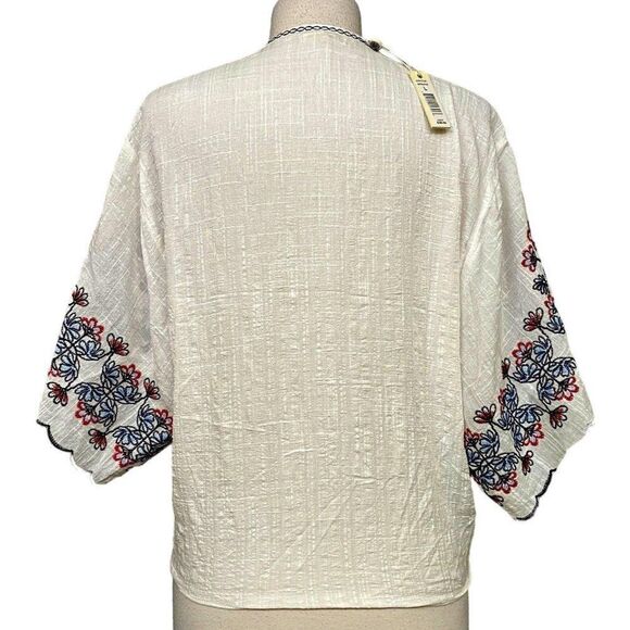Max Studio Embroidered Tie Front Peasant Blouse Hippie Boho Top Sz Large NEW - Picture 3 of 5